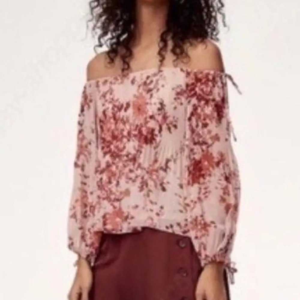 Aritzia Wilfred Talence Top Floral Off The Shoulder Blouse Camille/Row Red XXS